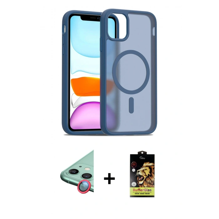 MARSİLYAN™- iPhone 11 Kılıf Siluet Minimal Prime - Siyah Buffer Cam Ekran Koruyucu + Raze Metal Kamera Lens - KI