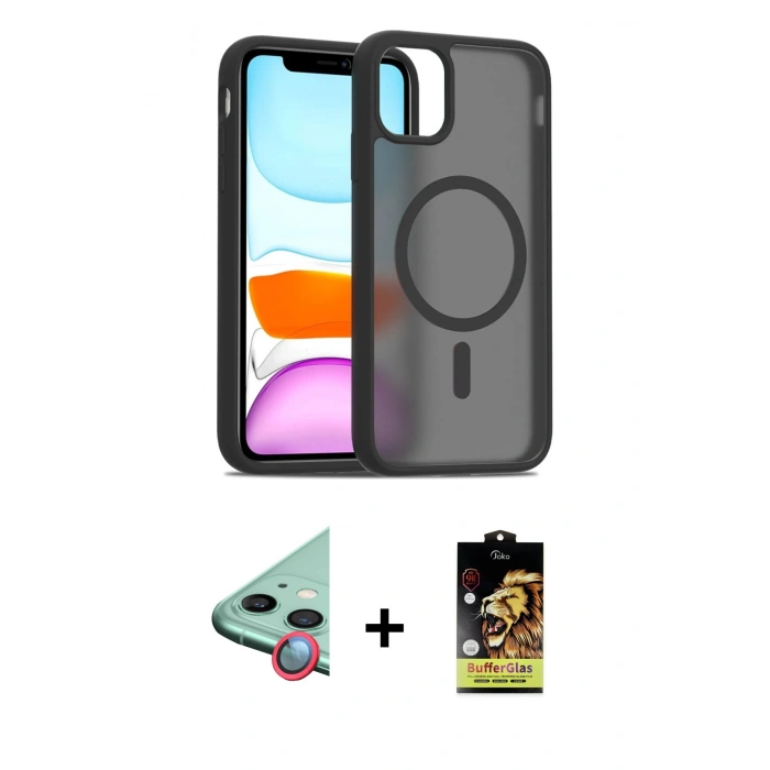 MARSİLYAN™- iPhone 11 Kılıf Siluet Minimal Prime - Siyah Buffer Cam Ekran Koruyucu + Raze Metal Kamera Lens - KI