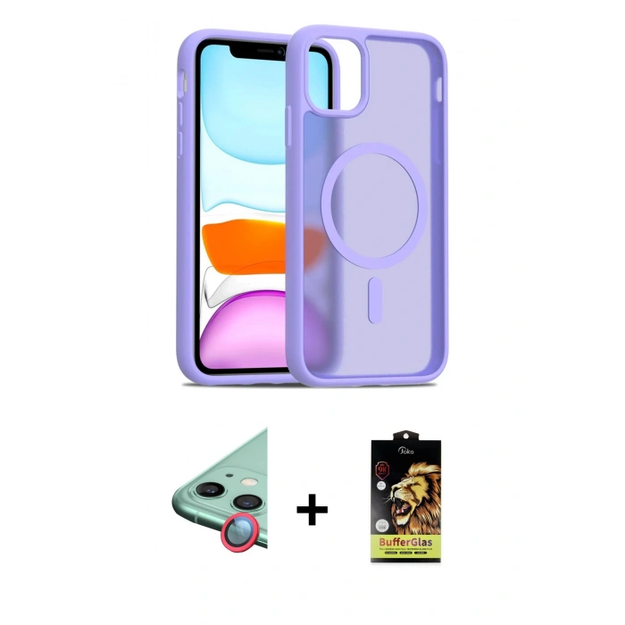 MARSİLYAN™- iPhone 11 Kılıf Siluet Minimal Prime - Siyah Buffer Cam Ekran Koruyucu + Raze Metal Kamera Lens - KI