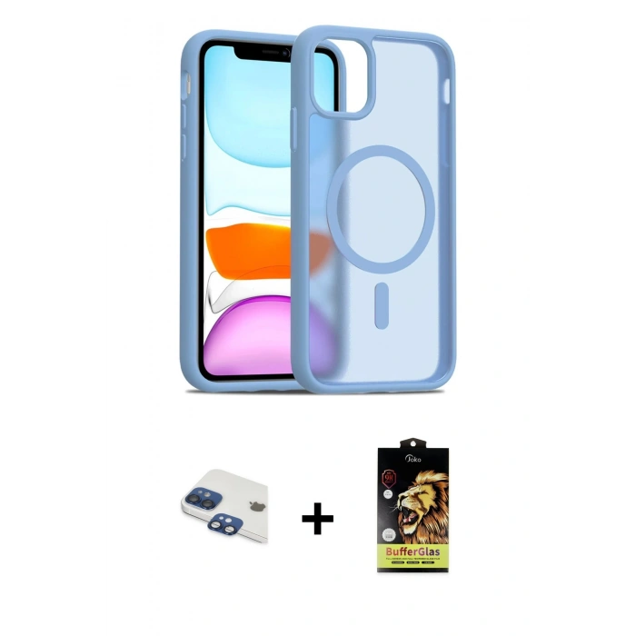 MARSİLYAN™- iPhone 11 Kılıf Siluet Minimal Prime - Siyah Buffer Cam Ekran Koruyucu + Lacivert Pers Alüminyum Kamera Lens
