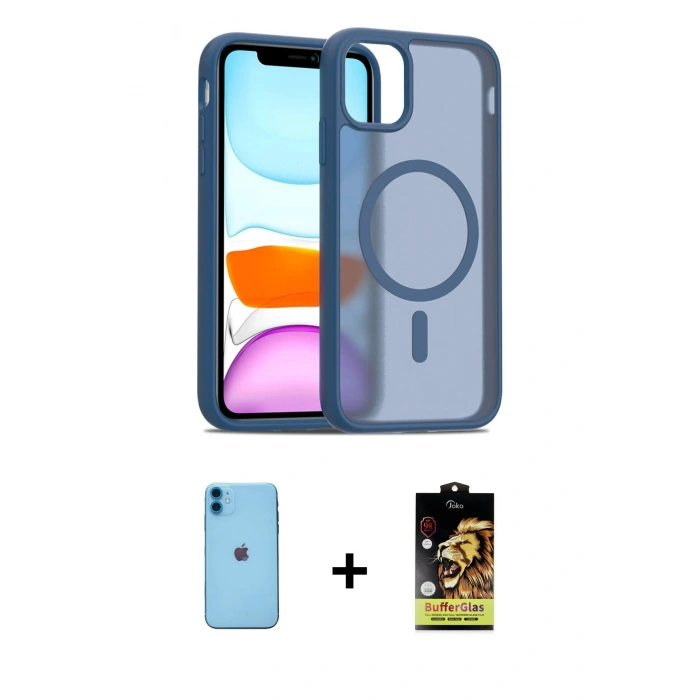 MARSİLYAN™- iPhone 11 Kılıf Siluet Minimal Prime - Siyah Buffer Cam Ekran Koruyucu + Neon Fosforlu Kamera Lens - MI