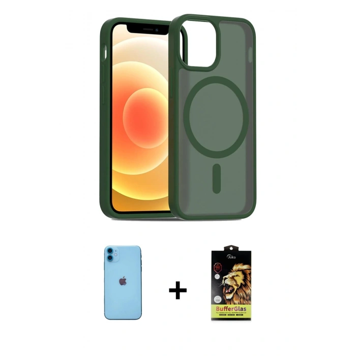 MARSİLYAN™- iPhone 11 Kılıf Siluet Minimal Prime - Siyah Buffer Cam Ekran Koruyucu + Neon Fosforlu Kamera Lens - MI
