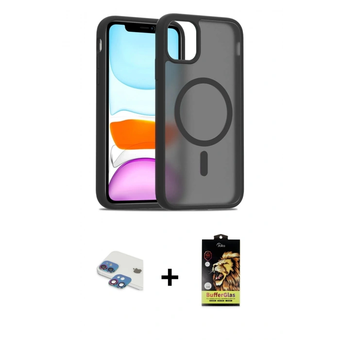 MARSİLYAN™- iPhone 11 Kılıf Siluet Minimal Prime - Siyah Buffer Cam Ekran Koruyucu + Pers Alüminyum Kamera Lens - GI