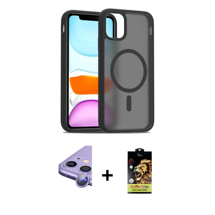 MARSİLYAN™- iPhone 11 Kılıf Siluet Minimal Prime - Siyah Buffer Cam Ekran Koruyucu + Raze Metal Kamera Lens - MR