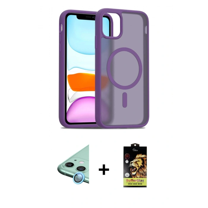 MARSİLYAN™- iPhone 11 Kılıf Siluet Minimal Prime - Siyah Buffer Cam Ekran Koruyucu + Raze Metal Kamera Lens - MI