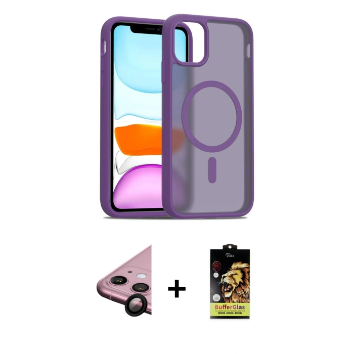 MARSİLYAN™- iPhone 11 Kılıf Siluet Minimal Prime - Siyah Buffer Cam Ekran Koruyucu + Raze Metal Kamera Lens - SH
