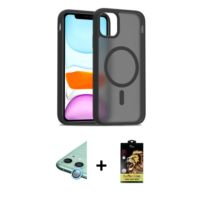 MARSİLYAN™- iPhone 11 Kılıf Siluet Minimal Prime - Siyah Buffer Cam Ekran Koruyucu + Raze Metal Kamera Lens - MI