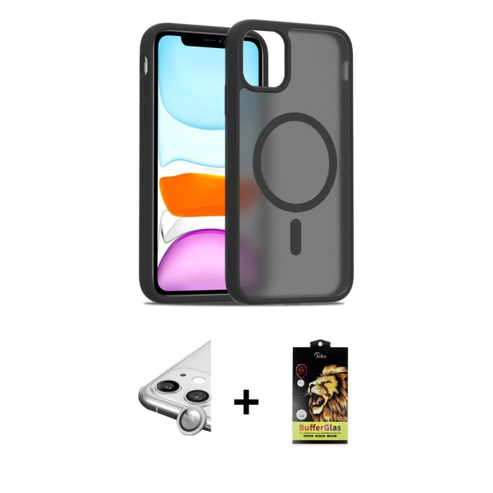 MARSİLYAN™- iPhone 11 Kılıf Siluet Minimal Prime - Siyah Buffer Cam Ekran Koruyucu + Raze Metal Kamera Lens - GS