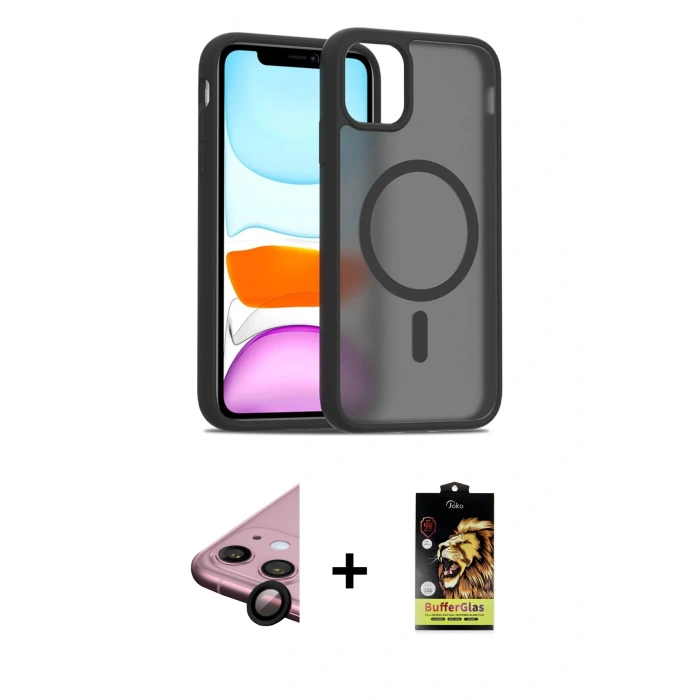 MARSİLYAN™- iPhone 11 Kılıf Siluet Minimal Prime - Siyah Buffer Cam Ekran Koruyucu + Raze Metal Kamera Lens - SH