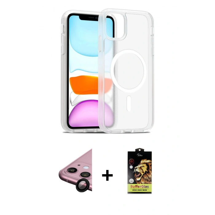 MARSİLYAN™- iPhone 11 Kılıf Siluet Minimal Prime - Siyah Buffer Cam Ekran Koruyucu + Raze Metal Kamera Lens - SH