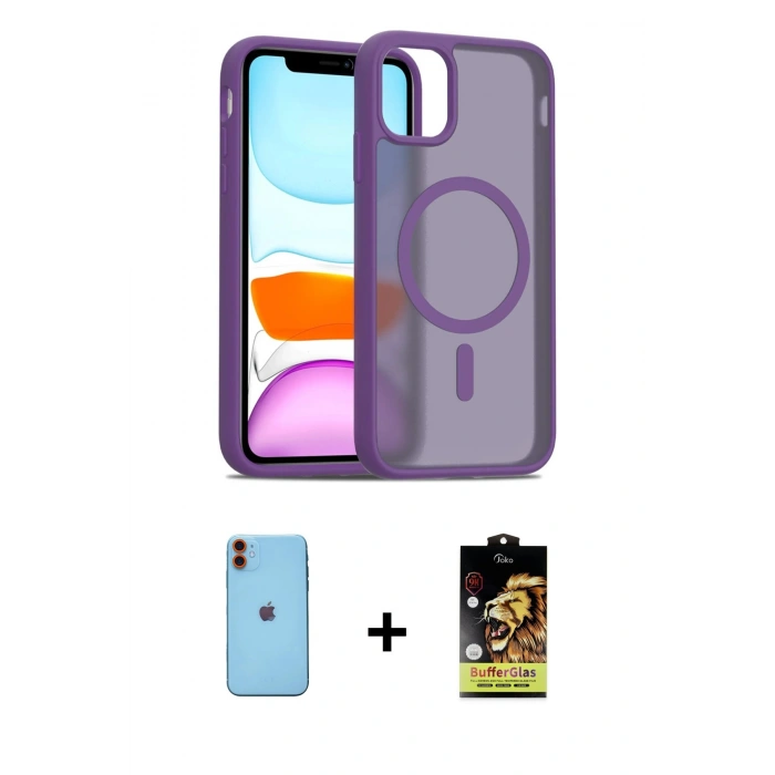 MARSİLYAN™- iPhone 11 Kılıf Siluet Minimal Prime - Siyah Buffer Cam Ekran Koruyucu + Neon Fosforlu Kamera Lens - TU