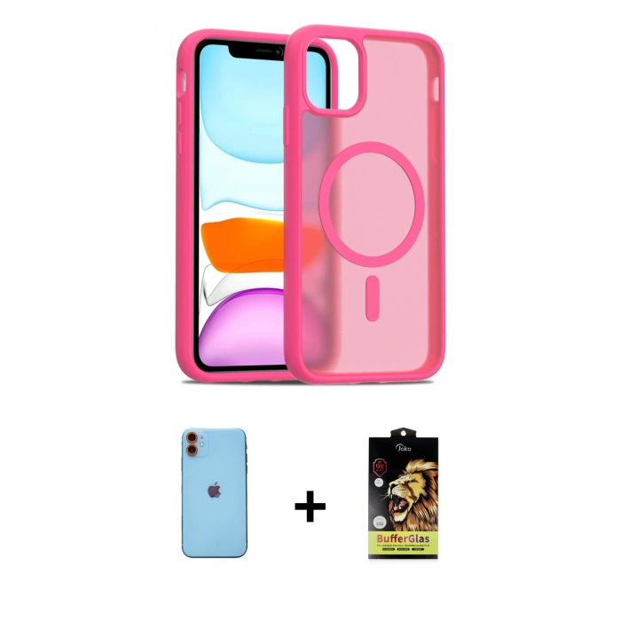 MARSİLYAN™- iPhone 11 Kılıf Siluet Minimal Prime - Siyah Buffer Cam Ekran Koruyucu + Neon Fosforlu Kamera Lens - TU