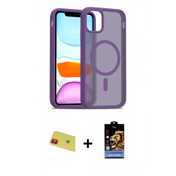 MARSİLYAN™- iPhone 11 Kılıf Siluet Minimal Prime - Siyah Buffer Hayalet Cam Ekran Koruyucu + Rainbow Kamera Lens Koruma Cam - KI