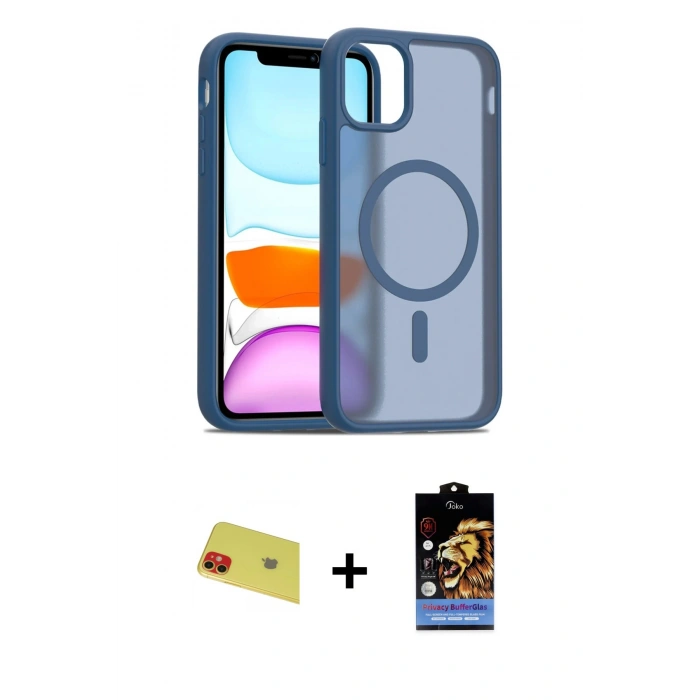 MARSİLYAN™- iPhone 11 Kılıf Siluet Minimal Prime - Siyah Buffer Hayalet Cam Ekran Koruyucu + Rainbow Kamera Lens Koruma Cam - KI