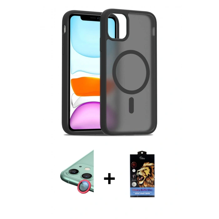 MARSİLYAN™- iPhone 11 Kılıf Siluet Minimal Prime - Siyah Buffer Hayalet Cam Ekran Koruyucu + Raze Metal Kamera Lens - KI