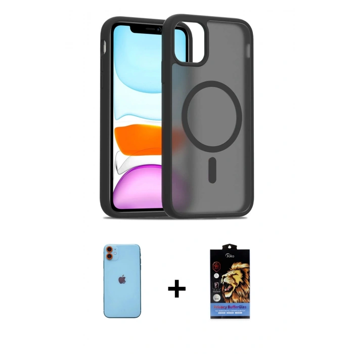 MARSİLYAN™- iPhone 11 Kılıf Siluet Minimal Prime - Siyah Buffer Hayalet Cam Ekran Koruyucu + Neon Fosforlu Kamera Lens - TU