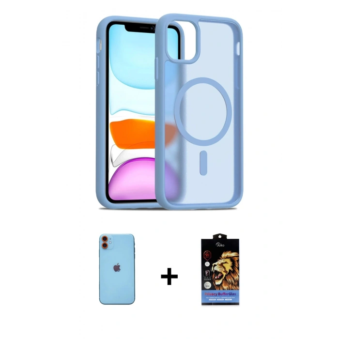 MARSİLYAN™- iPhone 11 Kılıf Siluet Minimal Prime - Siyah Buffer Hayalet Cam Ekran Koruyucu + Neon Fosforlu Kamera Lens - TU