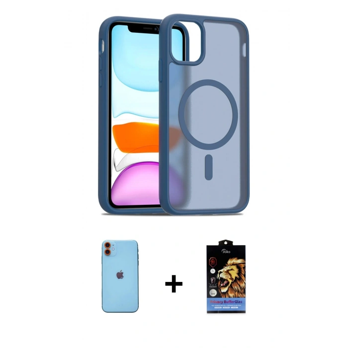 MARSİLYAN™- iPhone 11 Kılıf Siluet Minimal Prime - Siyah Buffer Hayalet Cam Ekran Koruyucu + Neon Fosforlu Kamera Lens - TU