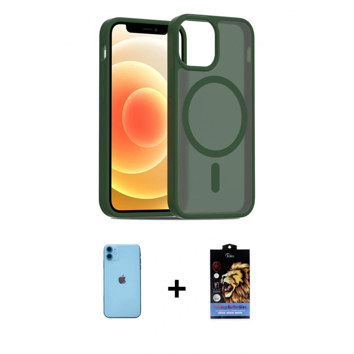 MARSİLYAN™- iPhone 11 Kılıf Siluet Minimal Prime - Siyah Buffer Hayalet Cam Ekran Koruyucu + Neon Fosforlu Kamera Lens - MI