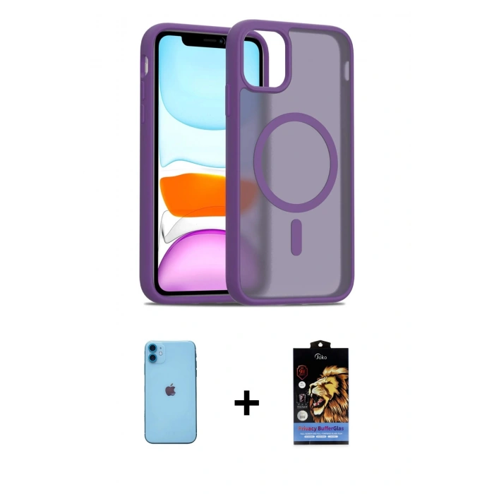MARSİLYAN™- iPhone 11 Kılıf Siluet Minimal Prime - Siyah Buffer Hayalet Cam Ekran Koruyucu + Neon Fosforlu Kamera Lens - MI