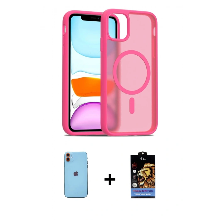 MARSİLYAN™- iPhone 11 Kılıf Siluet Minimal Prime - Siyah Buffer Hayalet Cam Ekran Koruyucu + Neon Fosforlu Kamera Lens - TU
