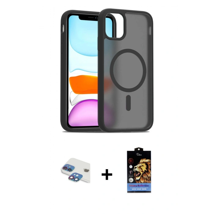 MARSİLYAN™- iPhone 11 Kılıf Siluet Minimal Prime - Siyah Buffer Hayalet Cam Ekran Koruyucu + Pers Alüminyum Kamera Lens - GI