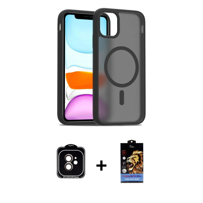 MARSİLYAN™- iPhone 11 Kılıf Siluet Minimal Prime - Siyah Buffer Hayalet Cam Ekran Koruyucu + PVD Metal Kamera Lens - TU