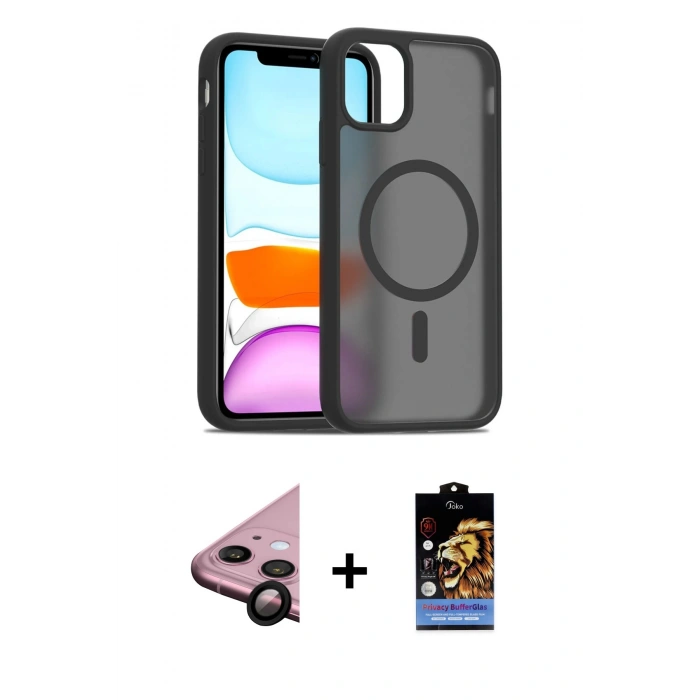 MARSİLYAN™- iPhone 11 Kılıf Siluet Minimal Prime - Siyah Buffer Hayalet Cam Ekran Koruyucu + Raze Metal Kamera Lens - SH