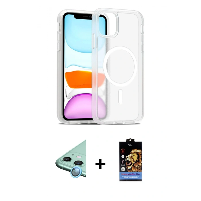 MARSİLYAN™- iPhone 11 Kılıf Siluet Minimal Prime - Siyah Buffer Hayalet Cam Ekran Koruyucu + Raze Metal Kamera Lens - MI