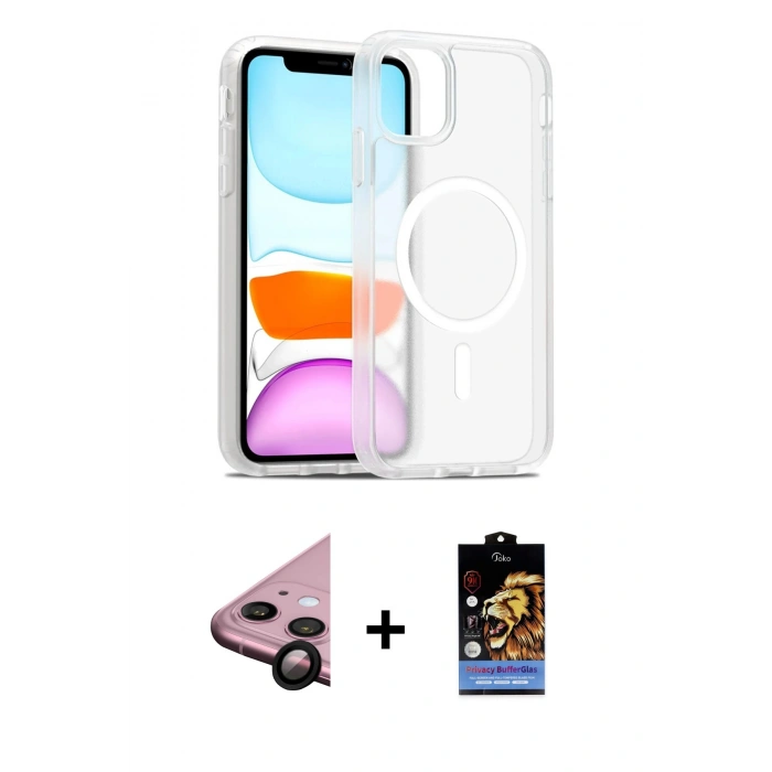 MARSİLYAN™- iPhone 11 Kılıf Siluet Minimal Prime - Siyah Buffer Hayalet Cam Ekran Koruyucu + Raze Metal Kamera Lens - SH