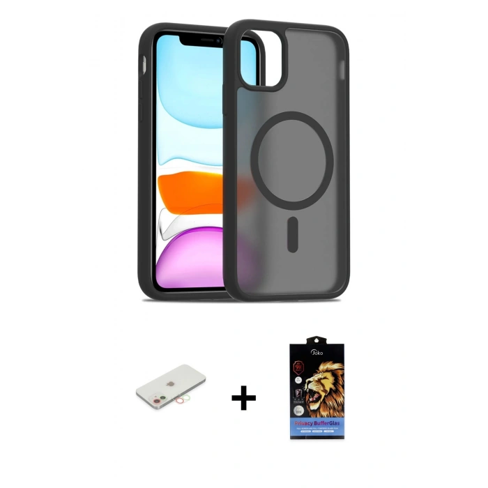MARSİLYAN™- iPhone 11 Kılıf Siluet Minimal Prime - Siyah Buffer Hayalet Cam Ekran Koruyucu + Renkli Kamera Lens Koruma Cam - YL