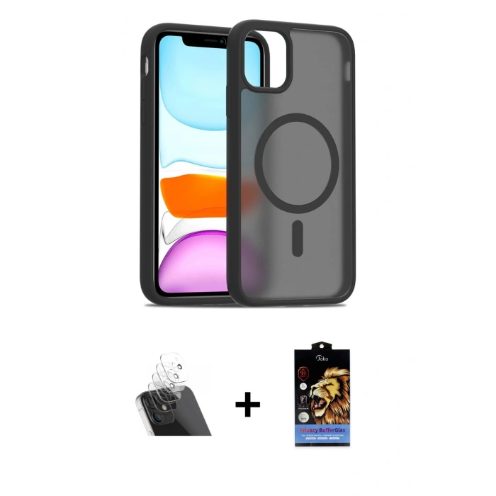 MARSİLYAN™- iPhone 11 Kılıf Siluet Minimal Prime - Siyah Buffer Hayalet Cam Ekran Koruyucu + Kamera Lens Koruma Cam - SF