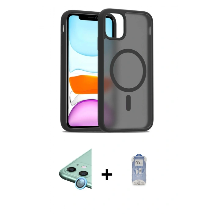 MARSİLYAN™- iPhone 11 Kılıf Siluet Minimal Prime - Siyah Joko Magic 5D Cam + Mavi Raze Metal Kamera Lens