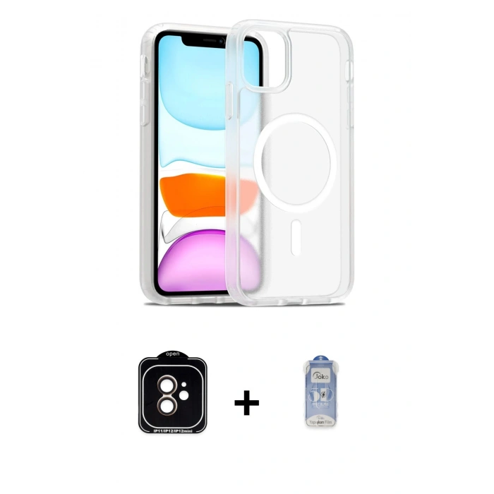 MARSİLYAN™- iPhone 11 Kılıf Siluet Minimal Prime - Siyah Joko Magic 5D Cam + Turuncu PVD Metal Kamera Lens