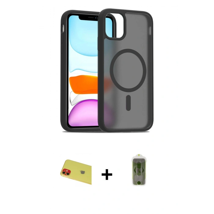 MARSİLYAN™- iPhone 11 Kılıf Siluet Minimal Prime - Siyah Joko Magic 5D Hayalet Cam + Rainbow Kamera Lens Koruma Cam - KI