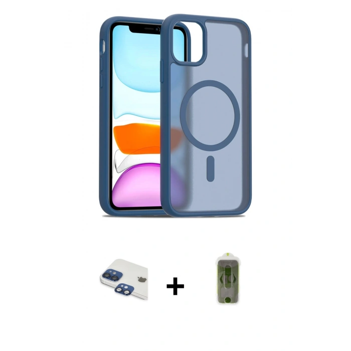 MARSİLYAN™- iPhone 11 Kılıf Siluet Minimal Prime - Siyah Joko Magic 5D Hayalet Cam + Lacivert Pers Alüminyum Kamera Lens