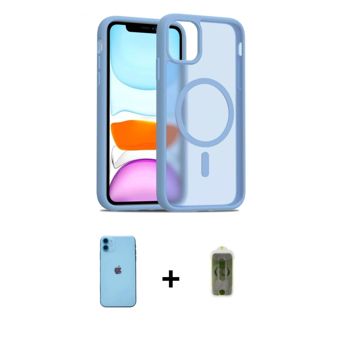 MARSİLYAN™- iPhone 11 Kılıf Siluet Minimal Prime - Siyah Joko Magic 5D Hayalet Cam + Mavi Neon Fosforlu Kamera Lens