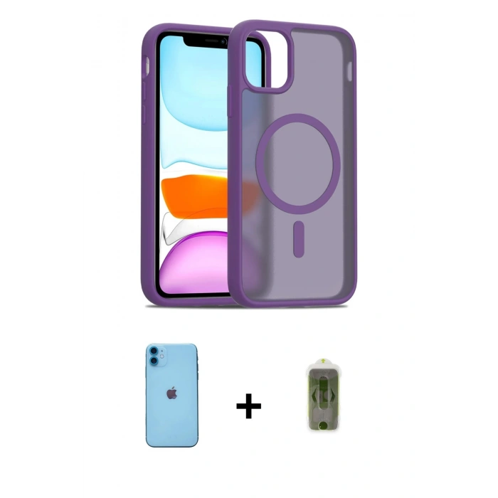 MARSİLYAN™- iPhone 11 Kılıf Siluet Minimal Prime - Siyah Joko Magic 5D Hayalet Cam + Mavi Neon Fosforlu Kamera Lens