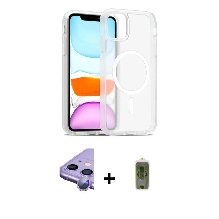 MARSİLYAN™- iPhone 11 Kılıf Siluet Minimal Prime - Siyah Joko Magic 5D Hayalet Cam + Mor Raze Metal Kamera Lens