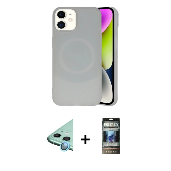 MARSİLYAN™- iPhone 11 Kılıf Ufuk Serisi - Siyah 34D Hayalet Izgaralı Cam + Raze Metal Kamera Lens - MI