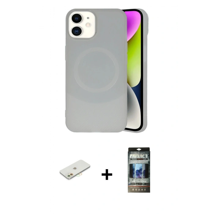 MARSİLYAN™- iPhone 11 Kılıf Ufuk Serisi - Siyah 34D Hayalet Izgaralı Cam + Renkli Kamera Lens Koruma Cam - TU
