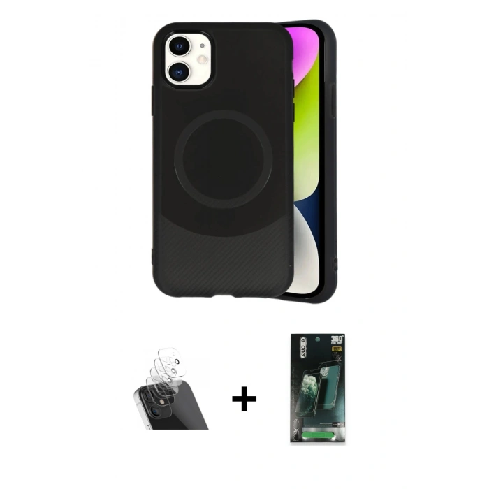 MARSİLYAN™- iPhone 11 Kılıf Ufuk Serisi - Siyah 360 Mat Full Body Arka Koruyucu + Kamera Lens Koruma Cam - SF
