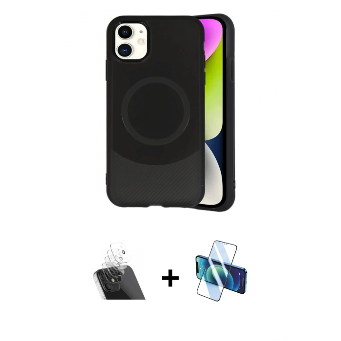 MARSİLYAN™- iPhone 11 Kılıf Ufuk Serisi - Siyah 3D Antistatik Cam Ekran Koruyucu + Kamera Lens Koruma Cam - SF