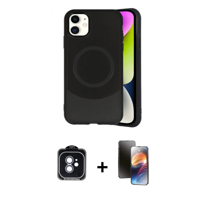 MARSİLYAN™- iPhone 11 Kılıf Ufuk Serisi - Siyah 3D Antistatik Mat Seramik Nano Ekran Koruyucu + PVD Metal Kamera Lens - MI