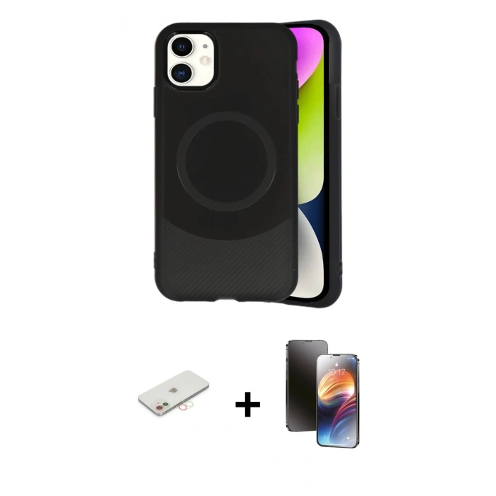 MARSİLYAN™- iPhone 11 Kılıf Ufuk Serisi - Siyah 3D Antistatik Mat Seramik Nano Ekran Koruyucu + Renkli Kamera Lens Koruma Cam - YL