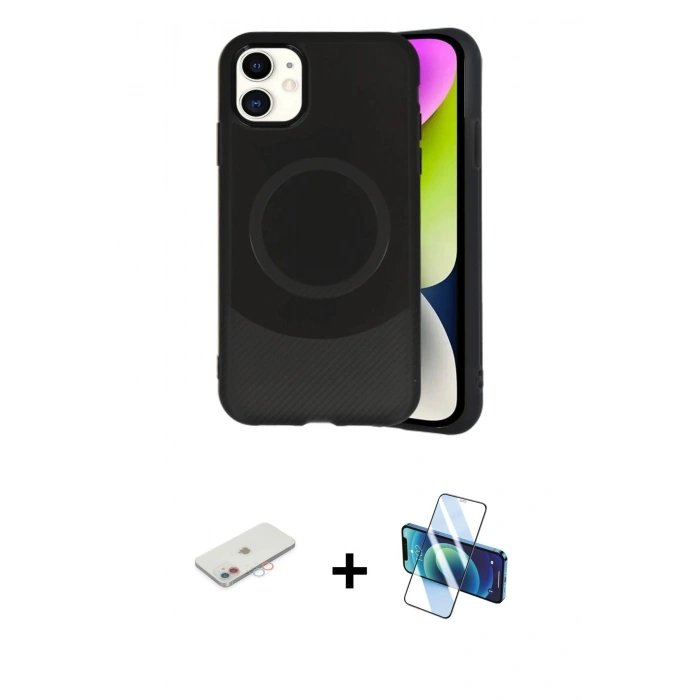 MARSİLYAN™- iPhone 11 Kılıf Ufuk Serisi - Siyah 3D Antistatik Seramik Nano Ekran Koruyucu + Renkli Kamera Lens Koruma Cam - PE