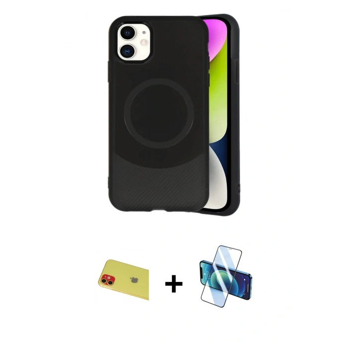 MARSİLYAN™- iPhone 11 Kılıf Ufuk Serisi - Siyah 3D Antistatik Seramik Nano Ekran Koruyucu + Rainbow Kamera Lens Koruma Cam - KI
