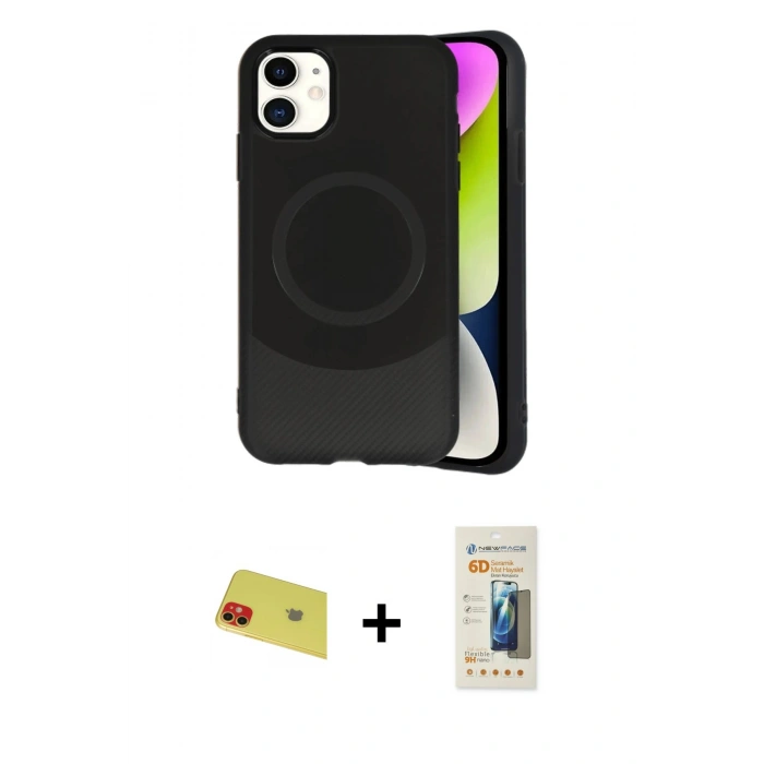 MARSİLYAN™- iPhone 11 Kılıf Ufuk Serisi - Siyah 6D Mat Seramik Hayalet Nano Ekran Koruyucu + Rainbow Kamera Lens Koruma Cam - KI