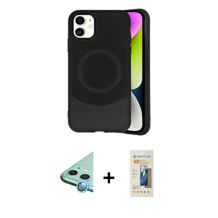 MARSİLYAN™- iPhone 11 Kılıf Ufuk Serisi - Siyah 6D Mat Seramik Hayalet Nano Ekran Koruyucu + Raze Metal Kamera Lens - MI