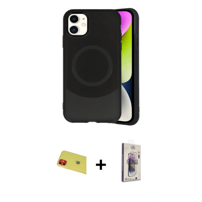 MARSİLYAN™- iPhone 11 Kılıf Ufuk Serisi - Siyah Bilvis 3D Cam Ekran Koruyucu + Rainbow Kamera Lens Koruma Cam - KI